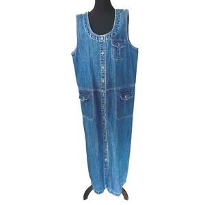 Denim Overall Dress Button Front Sleeveless Utility Pockets Blue Jean Sz XL